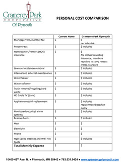 Gramercy Plymouth Cost Comparison Worksheet
